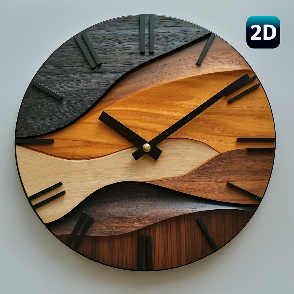 Reloj de Pared Redondo Artístico | Diseño Nórdico con Imitación de Vetado de Madera