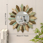 Espejo de Pared Metálico Estilo Bohemio con Diseño de Hoja en Verde Azulado y Dorado