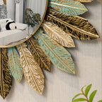 Espejo de Pared Metálico Estilo Bohemio con Diseño de Hoja en Verde Azulado y Dorado