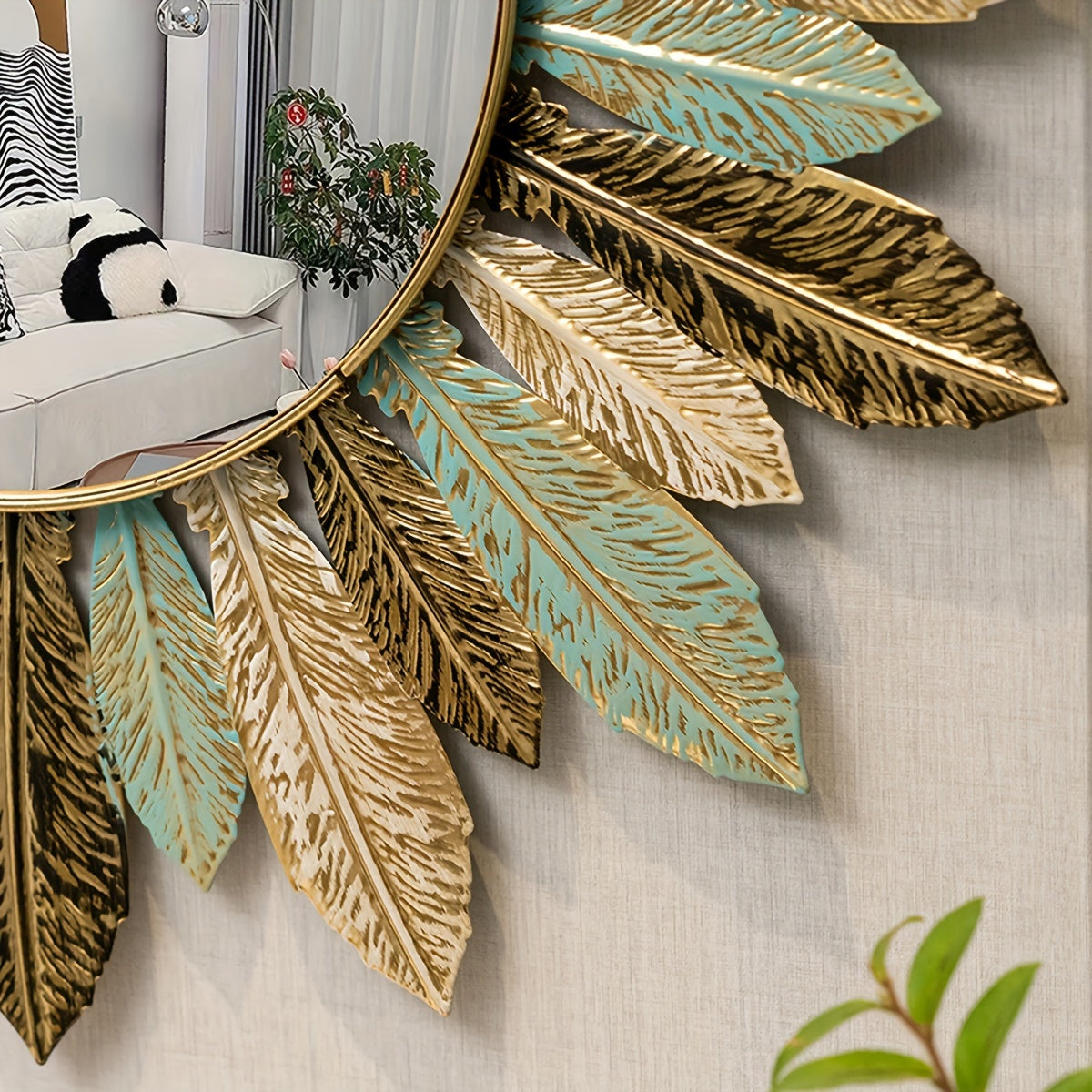 Espejo de Pared Metálico Estilo Bohemio con Diseño de Hoja en Verde Azulado y Dorado