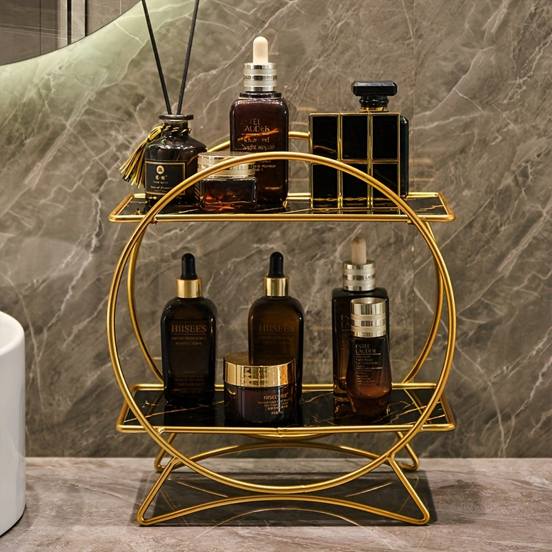 Organizador de baño de doble nivel con base de orejas de gato | Estante metálico elegante para cosméticos y cuidado de la piel