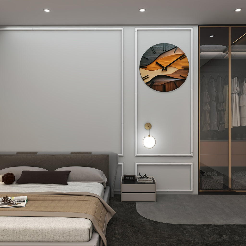 Reloj de Pared Redondo Artístico | Diseño Nórdico con Imitación de Vetado de Madera