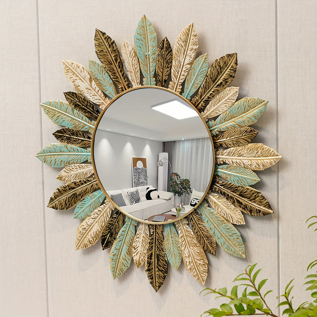 Espejo de Pared Metálico Estilo Bohemio con Diseño de Hoja en Verde Azulado y Dorado