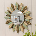 Espejo de Pared Metálico Estilo Bohemio con Diseño de Hoja en Verde Azulado y Dorado