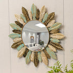 Espejo de Pared Metálico Estilo Bohemio con Diseño de Hoja en Verde Azulado y Dorado