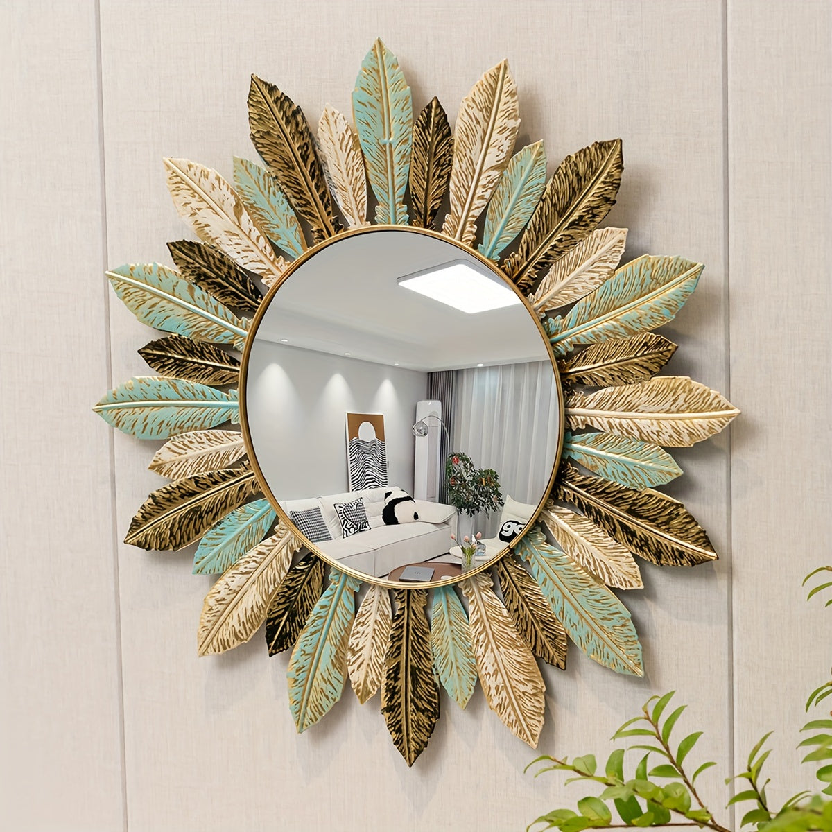 Espejo de Pared Metálico Estilo Bohemio con Diseño de Hoja en Verde Azulado y Dorado