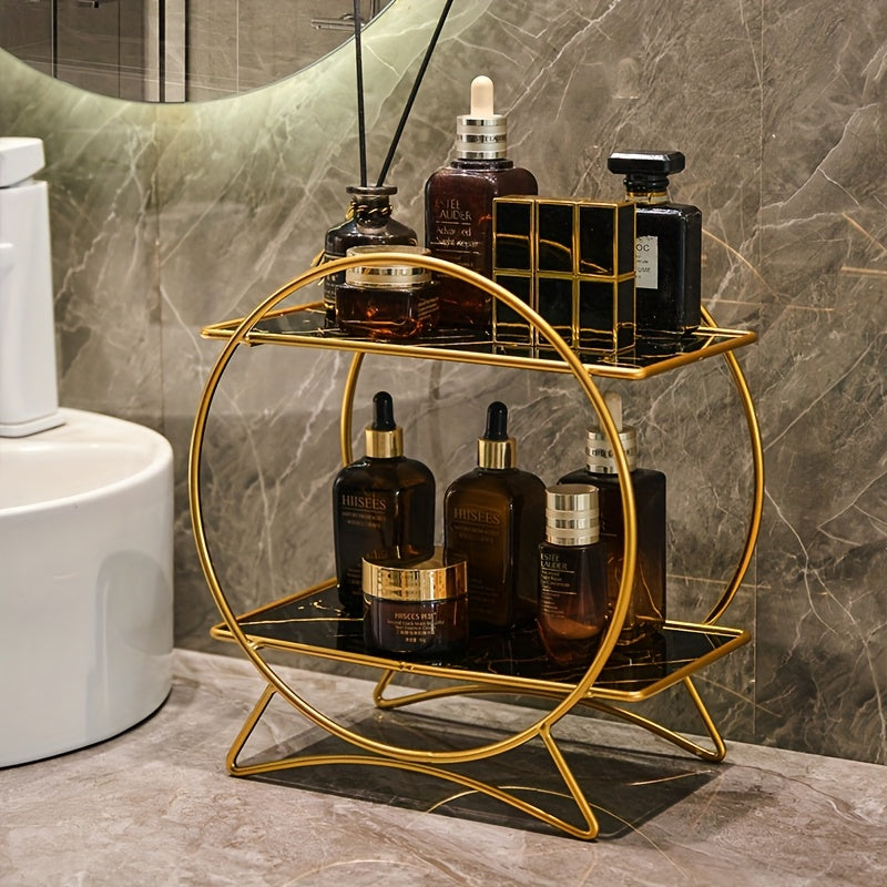 Organizador de baño de doble nivel con base de orejas de gato | Estante metálico elegante para cosméticos y cuidado de la piel