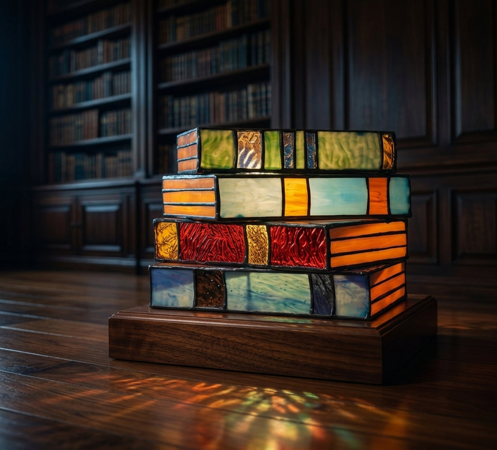 Lámpara de Libro Apilado con Vidrieras de Resina — Luz LED Decorativa para Mesita de Noche, Dormitorio, Lectura y Regalo