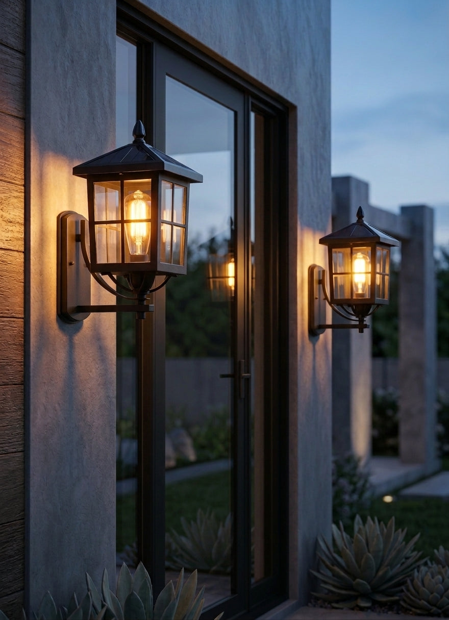 Lámpara de Pared Vintage Estilo Farol IP65 — Aluminio Acabado Latón Antiguo para Villa, Jardín y Pasillo Exterior