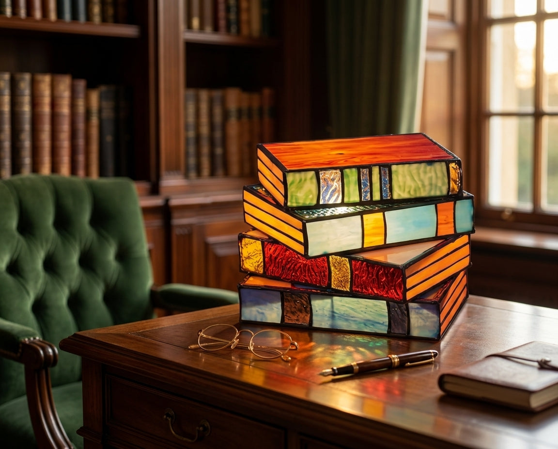 Lámpara de Libro Apilado con Vidrieras de Resina — Luz LED Decorativa para Mesita de Noche, Dormitorio, Lectura y Regalo