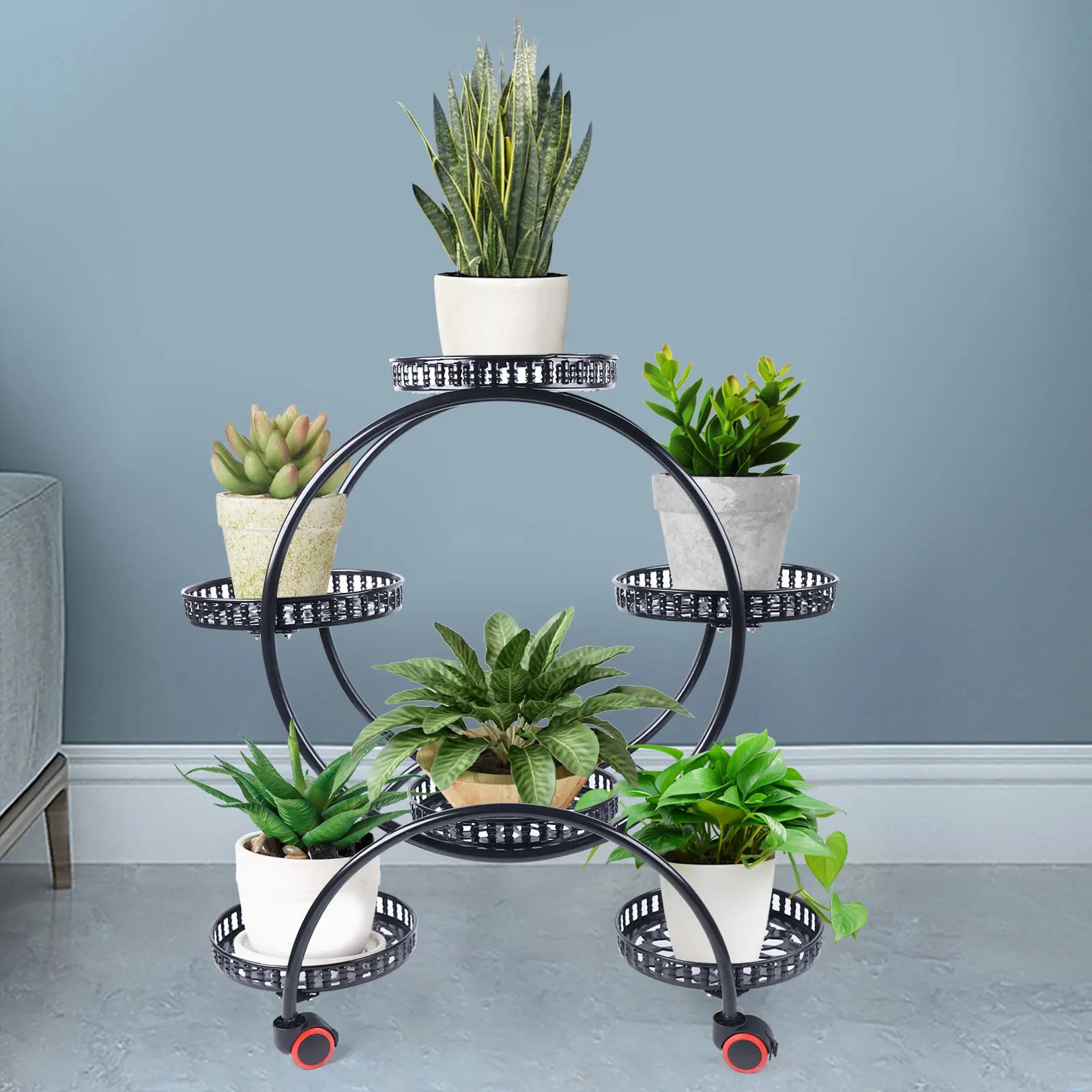 Soporte de planta de metal con ruedas | Soporte para macetas de 6 niveles para decoración interior y exterior