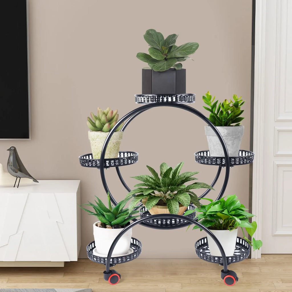 Soporte de planta de metal con ruedas | Soporte para macetas de 6 niveles para decoración interior y exterior