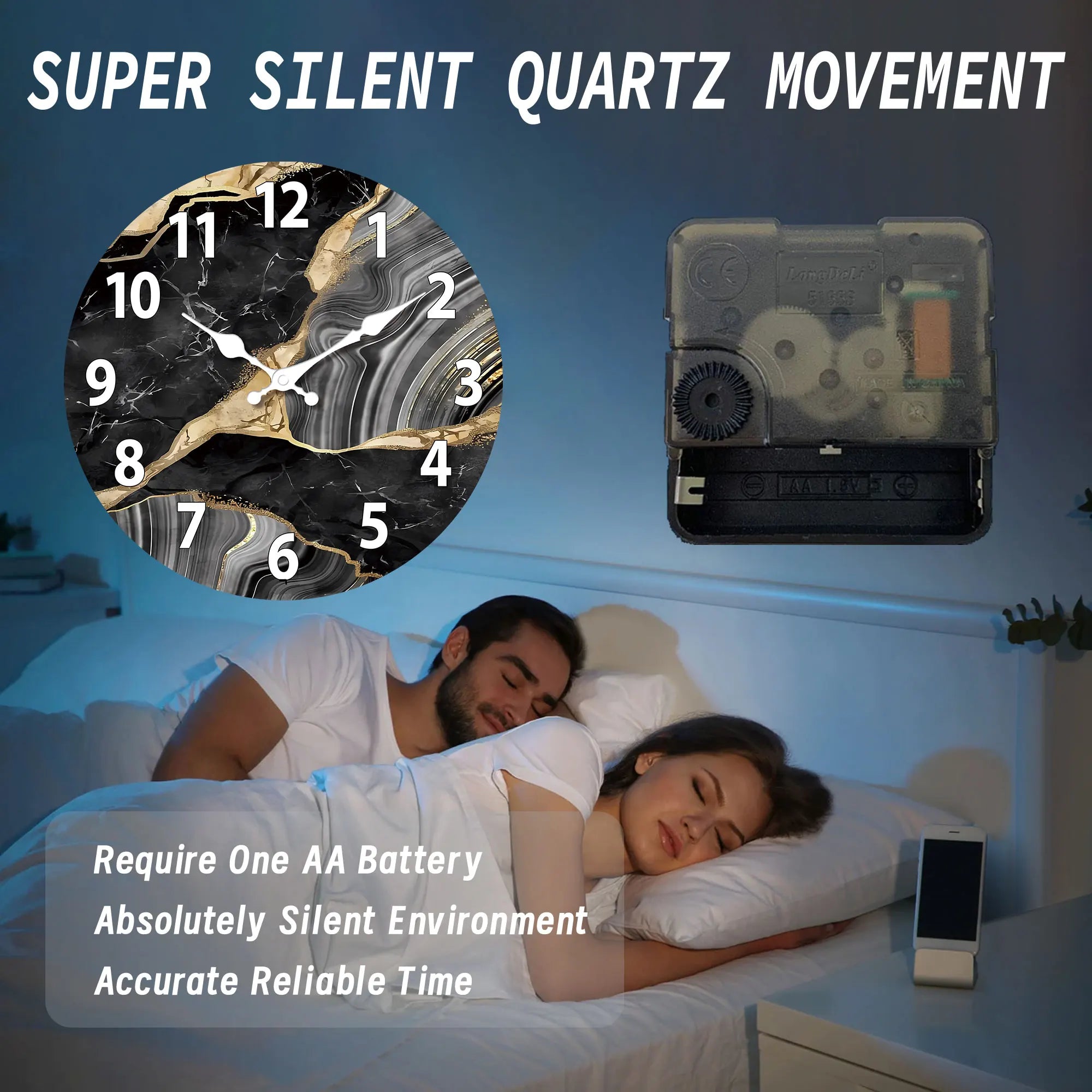 MarbellaTime | Reloj de Pared Redondo Moderno de Madera | Diseño Silencioso de Mármol