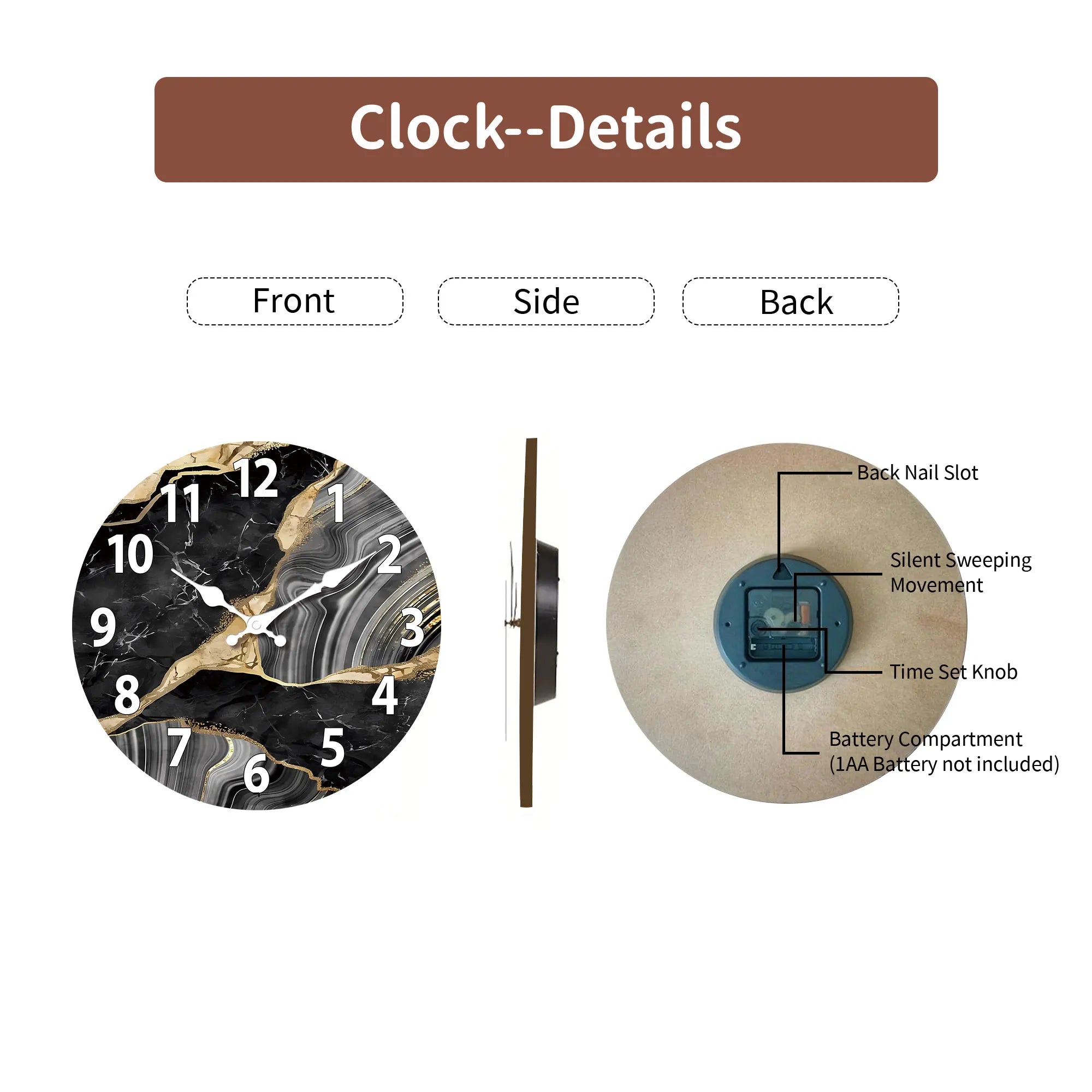 MarbellaTime | Reloj de Pared Redondo Moderno de Madera | Diseño Silencioso de Mármol
