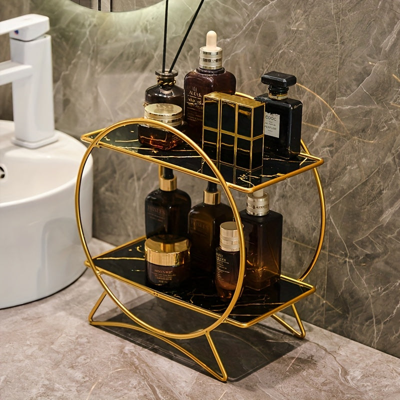 Organizador de baño de doble nivel con base de orejas de gato | Estante metálico elegante para cosméticos y cuidado de la piel