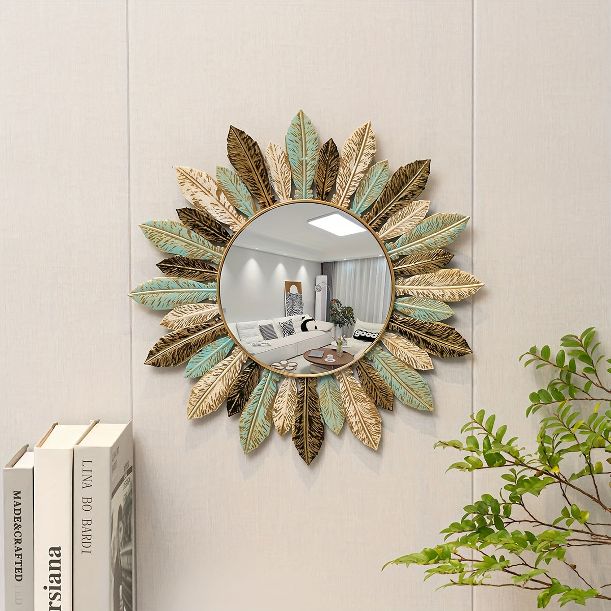 Espejo de Pared Metálico Estilo Bohemio con Diseño de Hoja en Verde Azulado y Dorado
