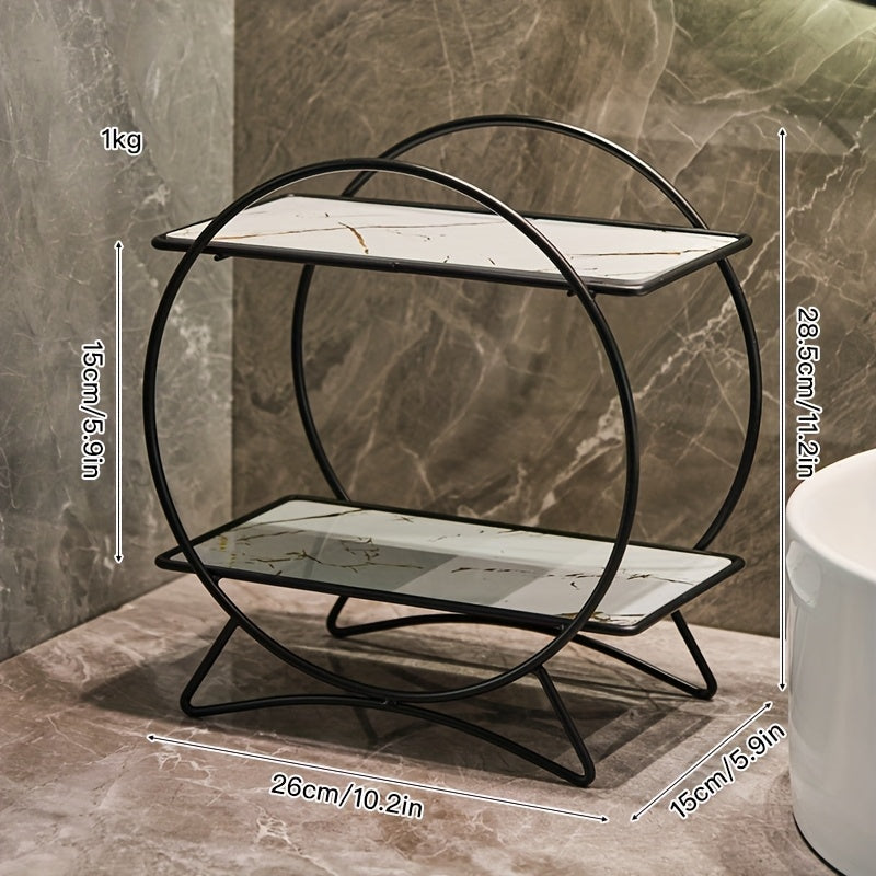 Organizador de baño de doble nivel con base de orejas de gato | Estante metálico elegante para cosméticos y cuidado de la piel