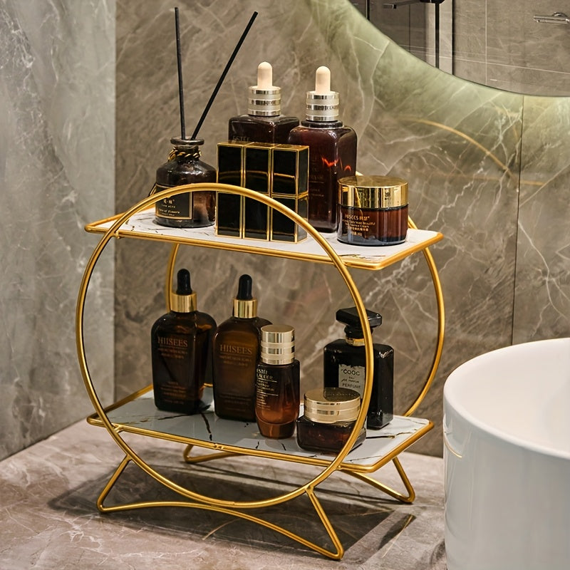 Organizador de baño de doble nivel con base de orejas de gato | Estante metálico elegante para cosméticos y cuidado de la piel