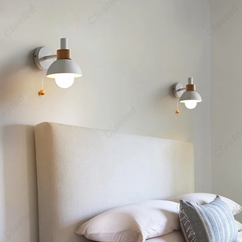Lámpara de pared con acento de madera nórdica | Luz minimalista con interruptor de tirón